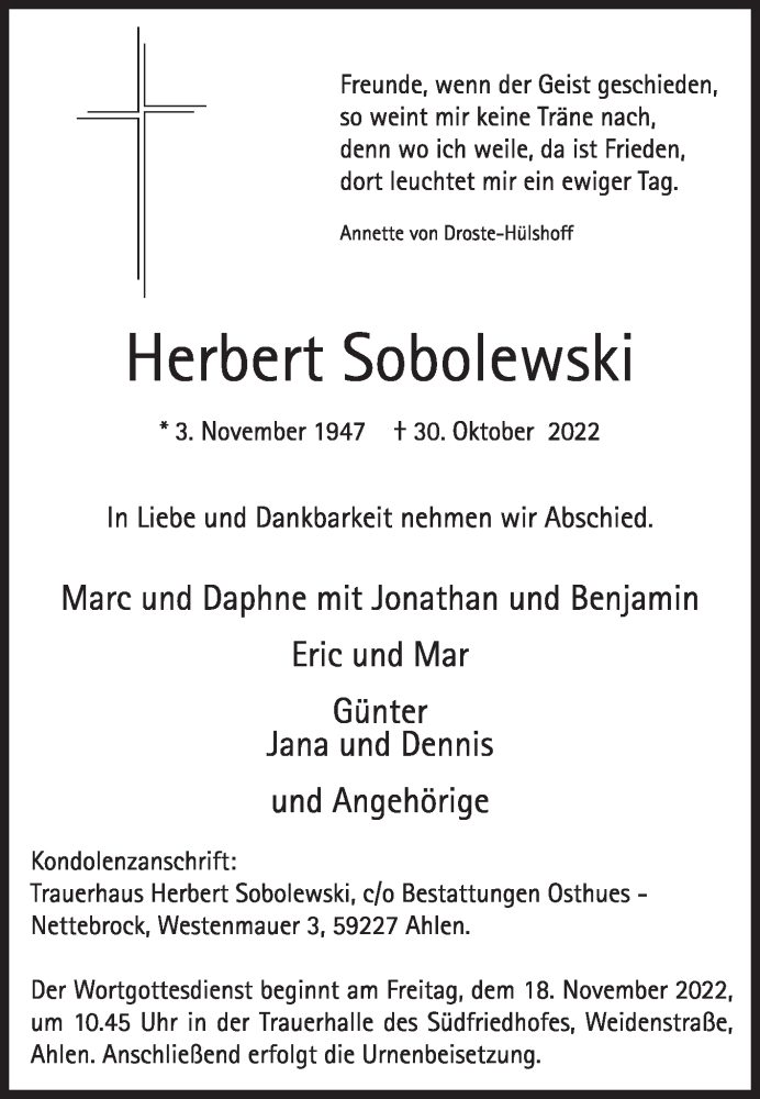  Traueranzeige für Herbert Sobolewski vom 05.11.2022 aus Die Glocke