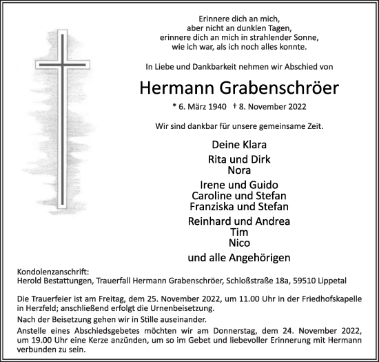 Traueranzeige von Hermann Grabenschröer von Die Glocke