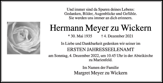 Traueranzeige von Hermann Meyer zu Wickern von Die Glocke