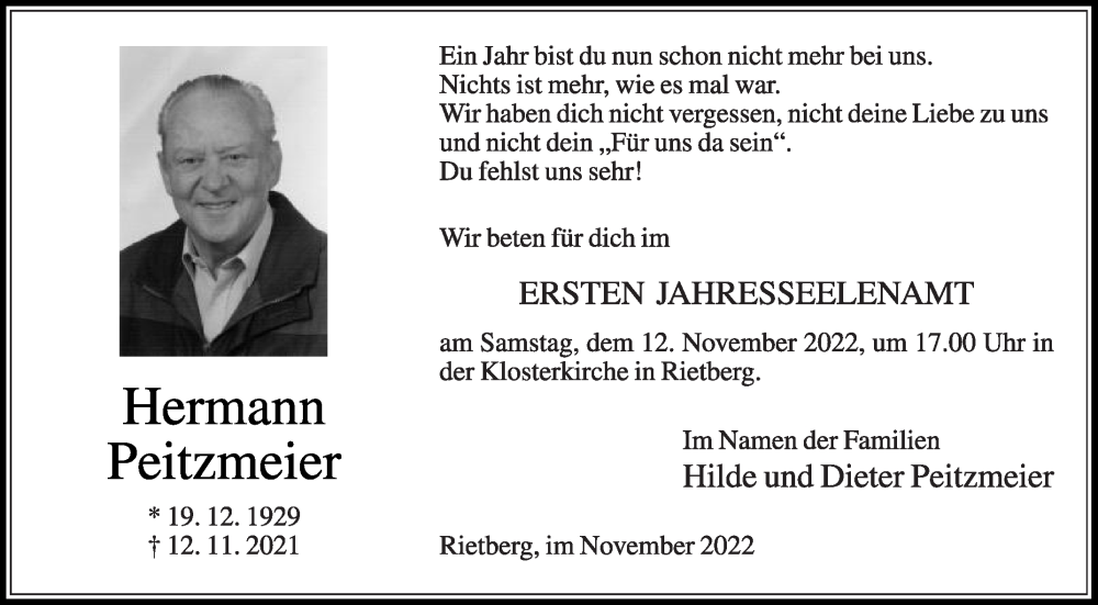  Traueranzeige für Hermann Peitzmeier vom 08.11.2022 aus Die Glocke
