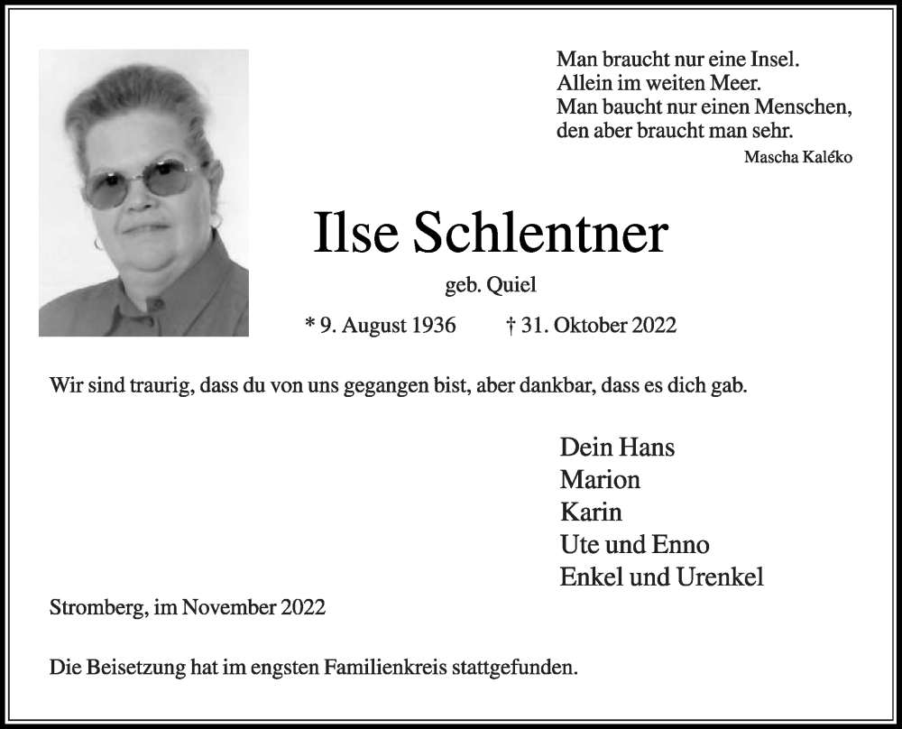  Traueranzeige für Ilse Schlentner vom 12.11.2022 aus Die Glocke