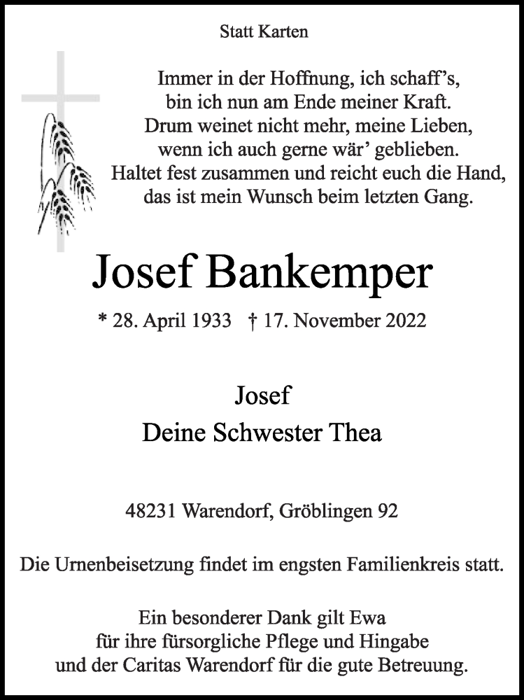  Traueranzeige für Josef Bankemper vom 23.11.2022 aus Die Glocke