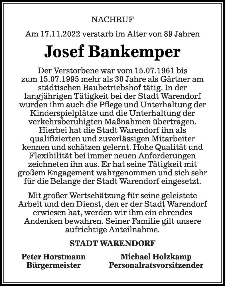  Traueranzeige für Josef Bankemper vom 23.11.2022 aus Die Glocke