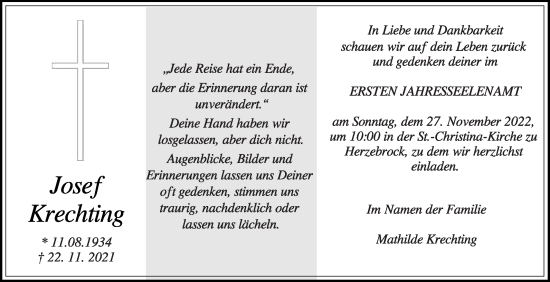Traueranzeige von Josef Krechting von Die Glocke