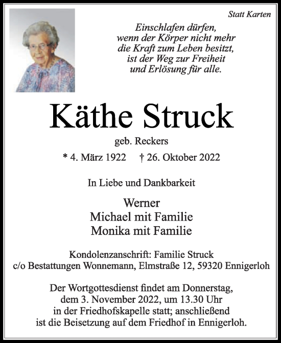 Traueranzeige von Käthe Struck von Die Glocke