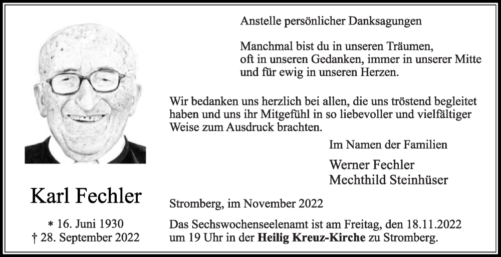  Traueranzeige für Karl Fechler vom 12.11.2022 aus Die Glocke