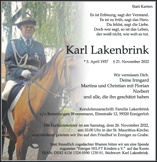 Traueranzeige von Karl Lakenbrink von Die Glocke