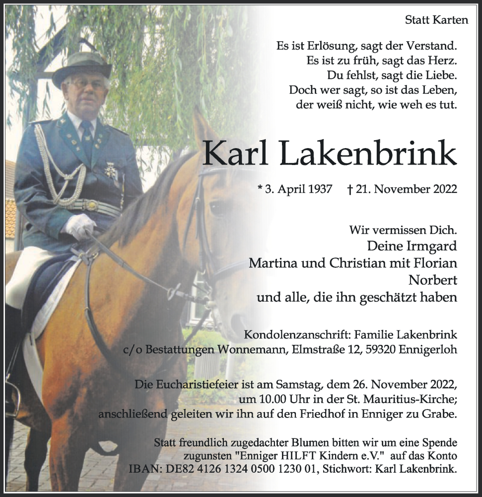  Traueranzeige für Karl Lakenbrink vom 24.11.2022 aus Die Glocke