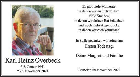 Traueranzeige von Karl Heinz Overbeck von Die Glocke