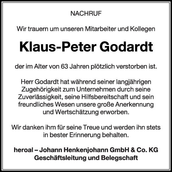 Traueranzeige von Klaus-Peter Godardt von Die Glocke