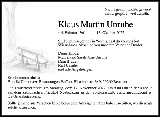 Traueranzeige von Klaus Martin Unruhe von Die Glocke