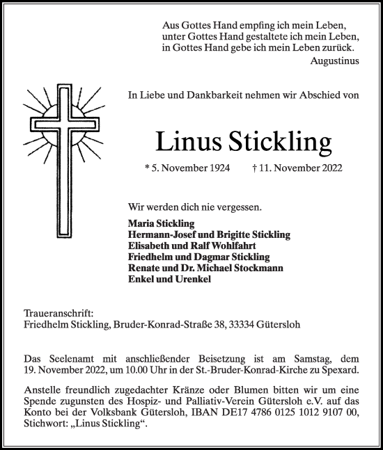 Traueranzeige von Linus Stickling von Die Glocke