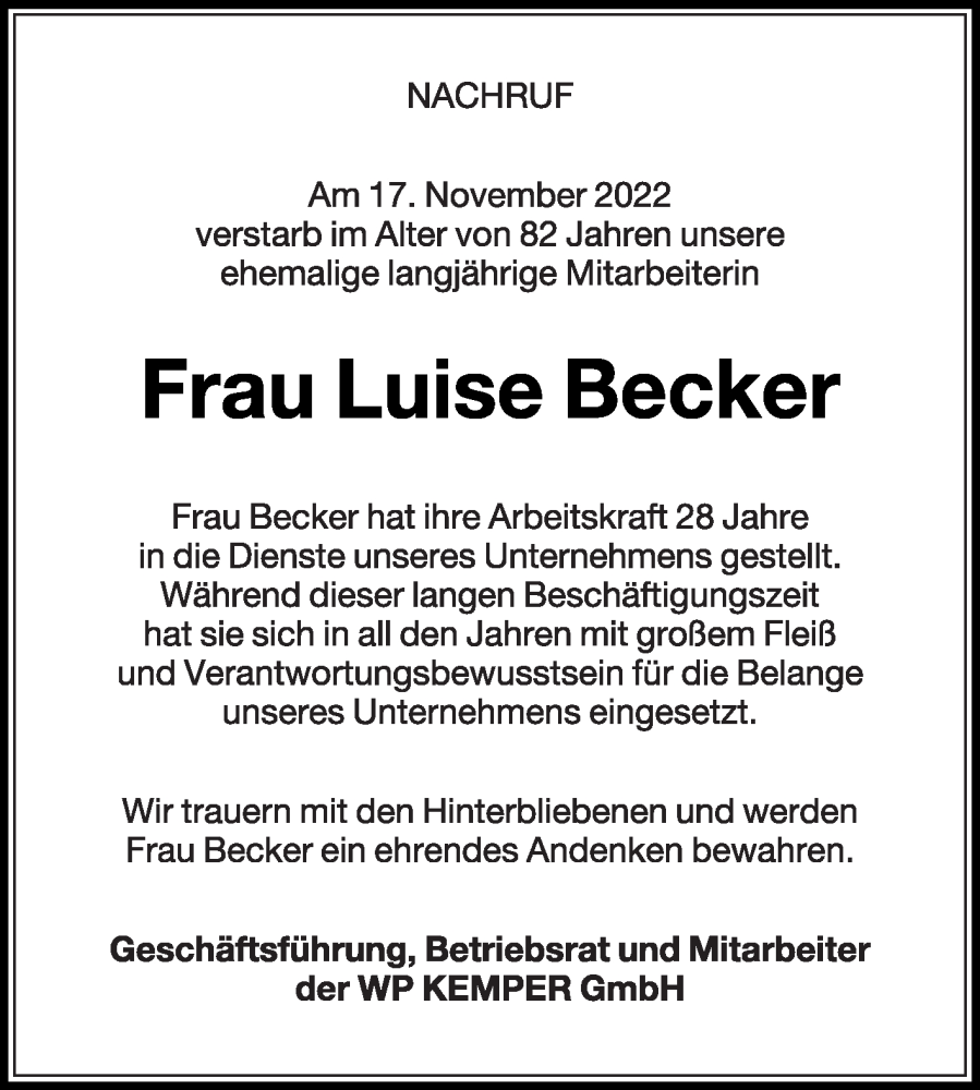  Traueranzeige für Luise Becker vom 25.11.2022 aus Die Glocke