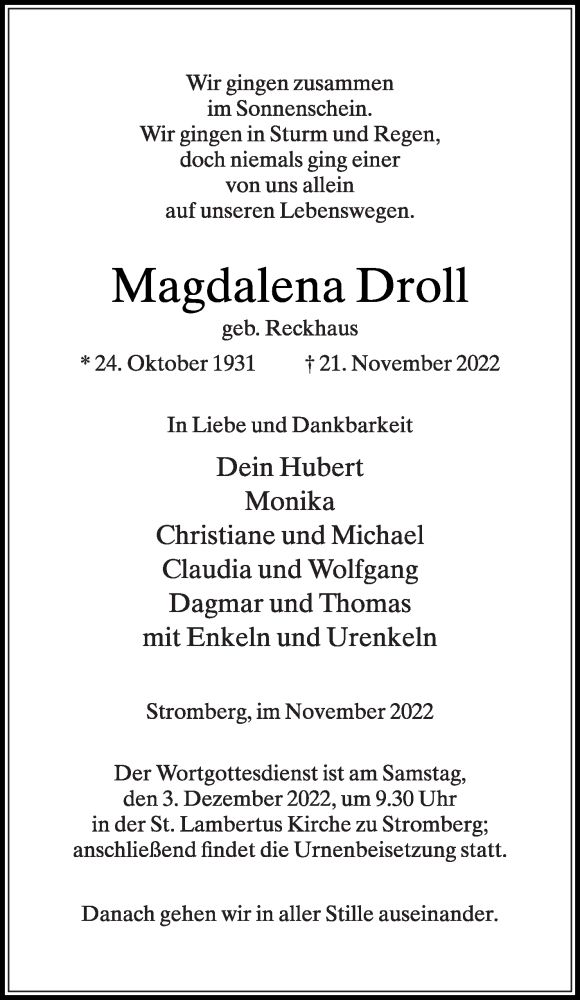  Traueranzeige für Magdalena Droll vom 26.11.2022 aus Die Glocke