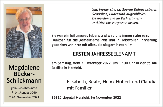 Traueranzeige von Magdalene Bücker-Schlickmann von Die Glocke