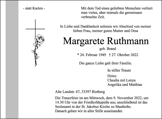 Traueranzeige von Margarete Ruthmann von Die Glocke