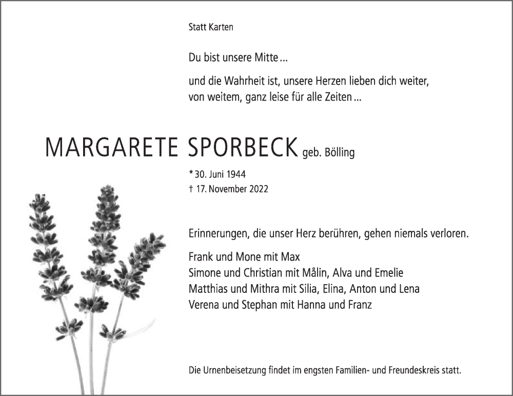  Traueranzeige für Margarete Sporbeck vom 26.11.2022 aus Die Glocke