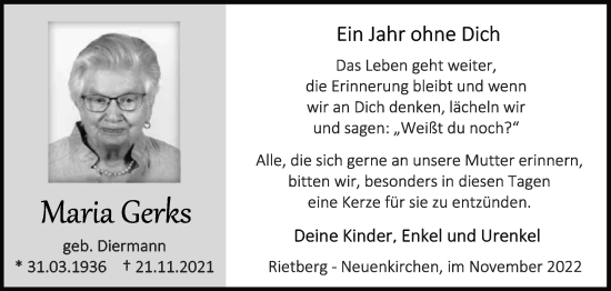 Traueranzeige von Maria Gerks von Die Glocke