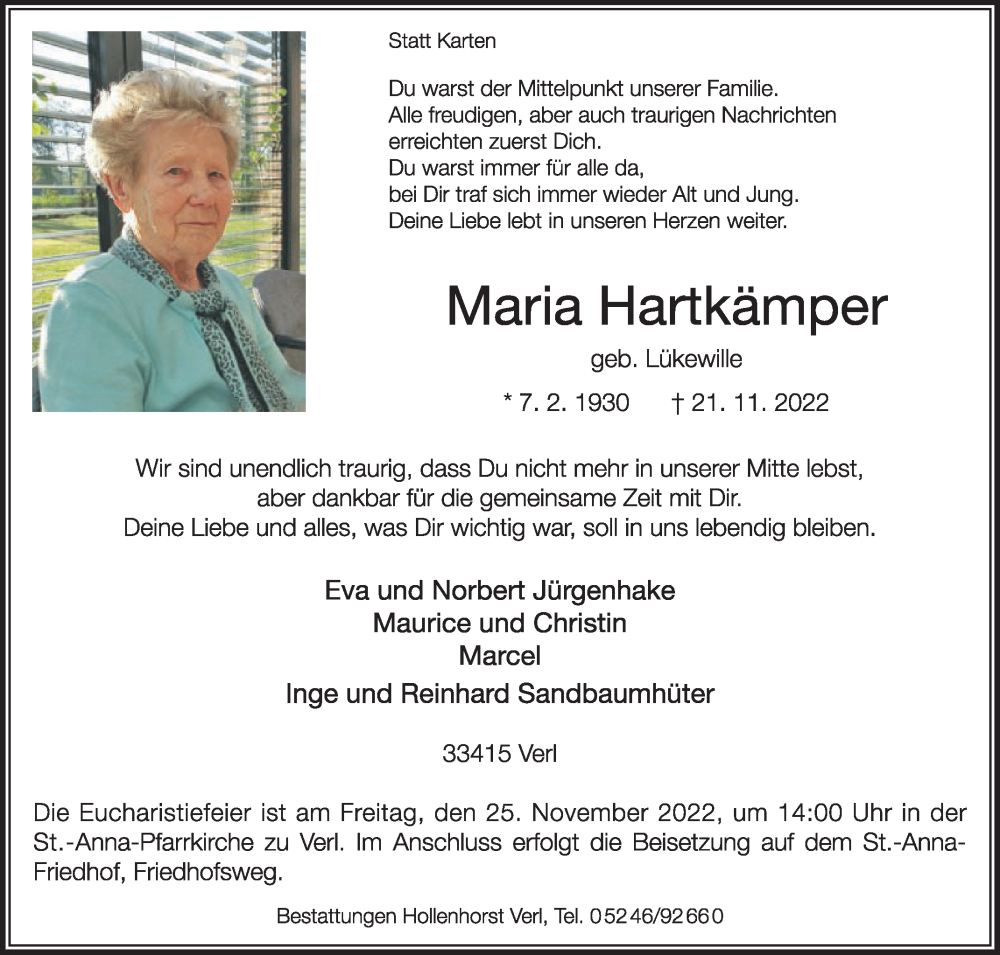 Traueranzeige für Maria Hartkämper vom 23.11.2022 aus Die Glocke