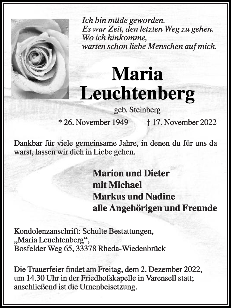  Traueranzeige für Maria Leuchtenberg vom 26.11.2022 aus Die Glocke