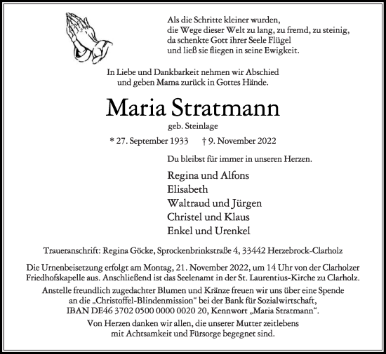 Traueranzeige von Maria Stratmann von Die Glocke
