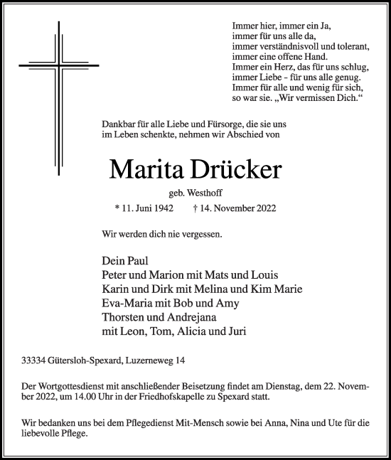 Traueranzeige von Marita Drücker von Die Glocke