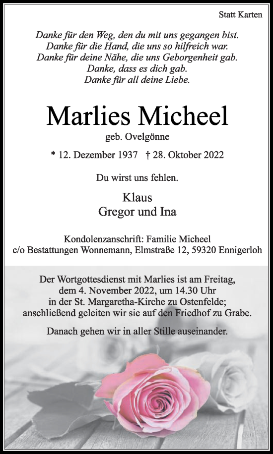 Traueranzeige von Marlies Micheel von Die Glocke