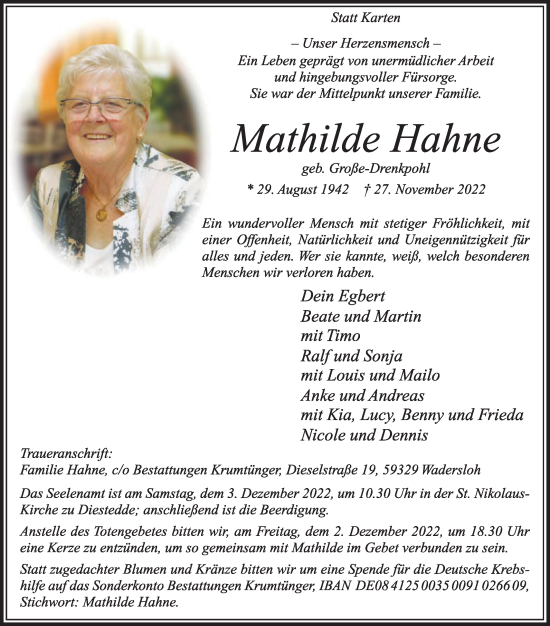 Traueranzeige von Mathilde Hahne von Die Glocke