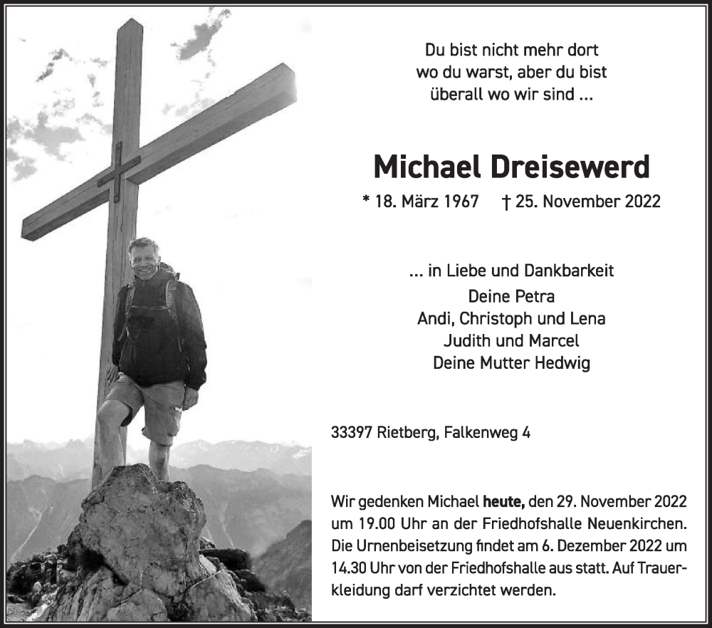 Traueranzeige für Michael Dreisewerd vom 29.11.2022 aus Die Glocke