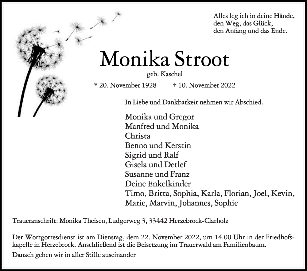  Traueranzeige für Monika Stroot vom 18.11.2022 aus Die Glocke