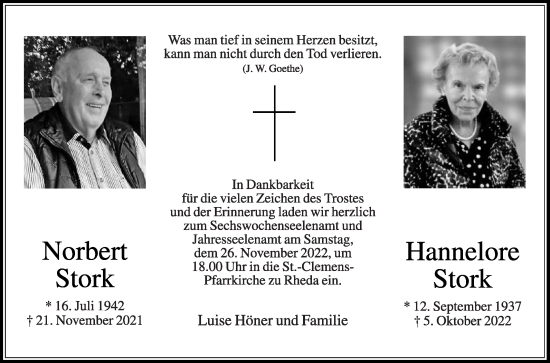 Traueranzeige von Norbert Stork von Die Glocke