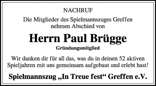 Traueranzeige von Paul Brügge von Die Glocke