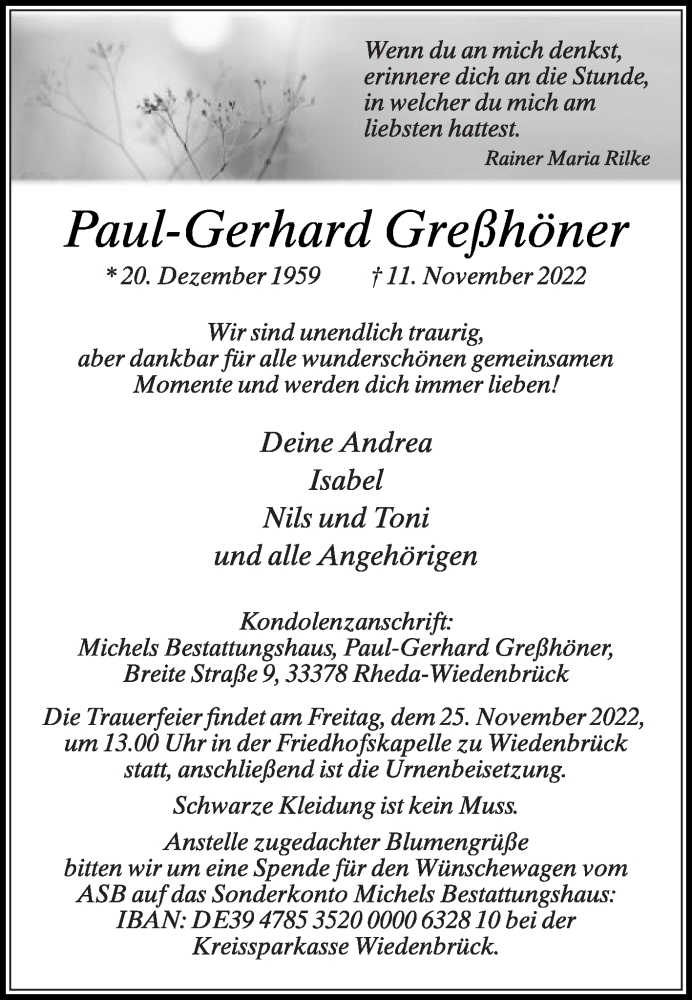  Traueranzeige für Paul-Gerhard Greßhöner vom 21.11.2022 aus Die Glocke