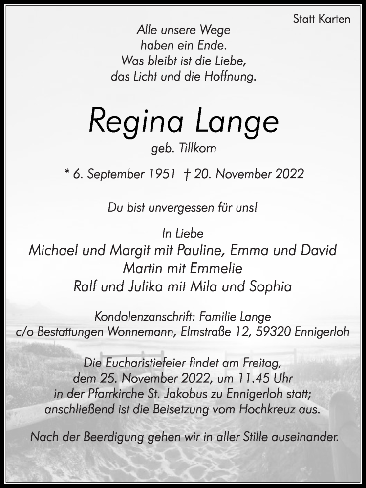  Traueranzeige für Regina Lange vom 23.11.2022 aus Die Glocke