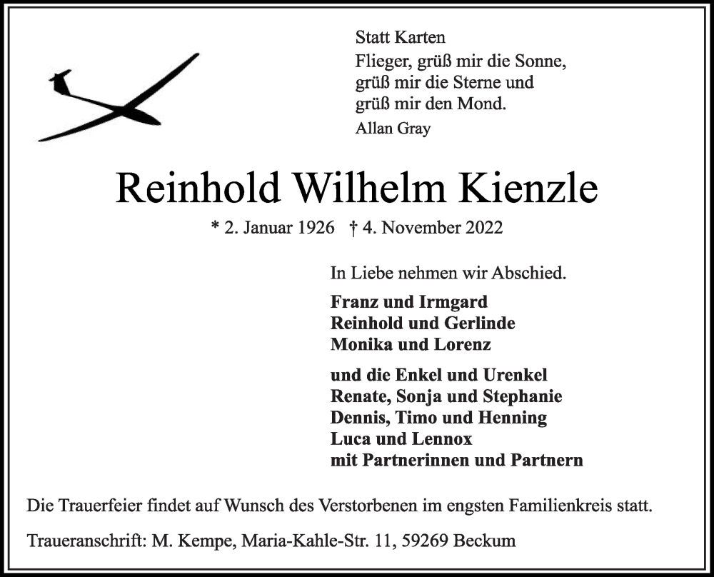  Traueranzeige für Reinhold Wilhelm Kienzle vom 12.11.2022 aus Die Glocke