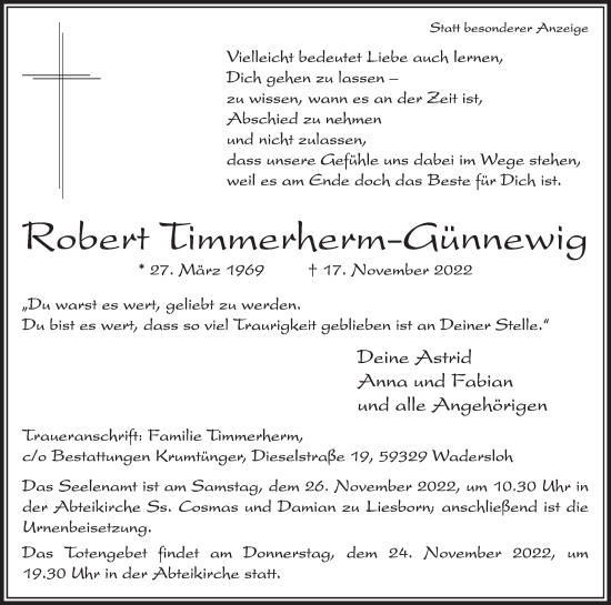 Traueranzeige von Robert Timmerherm-Günnewig von Die Glocke