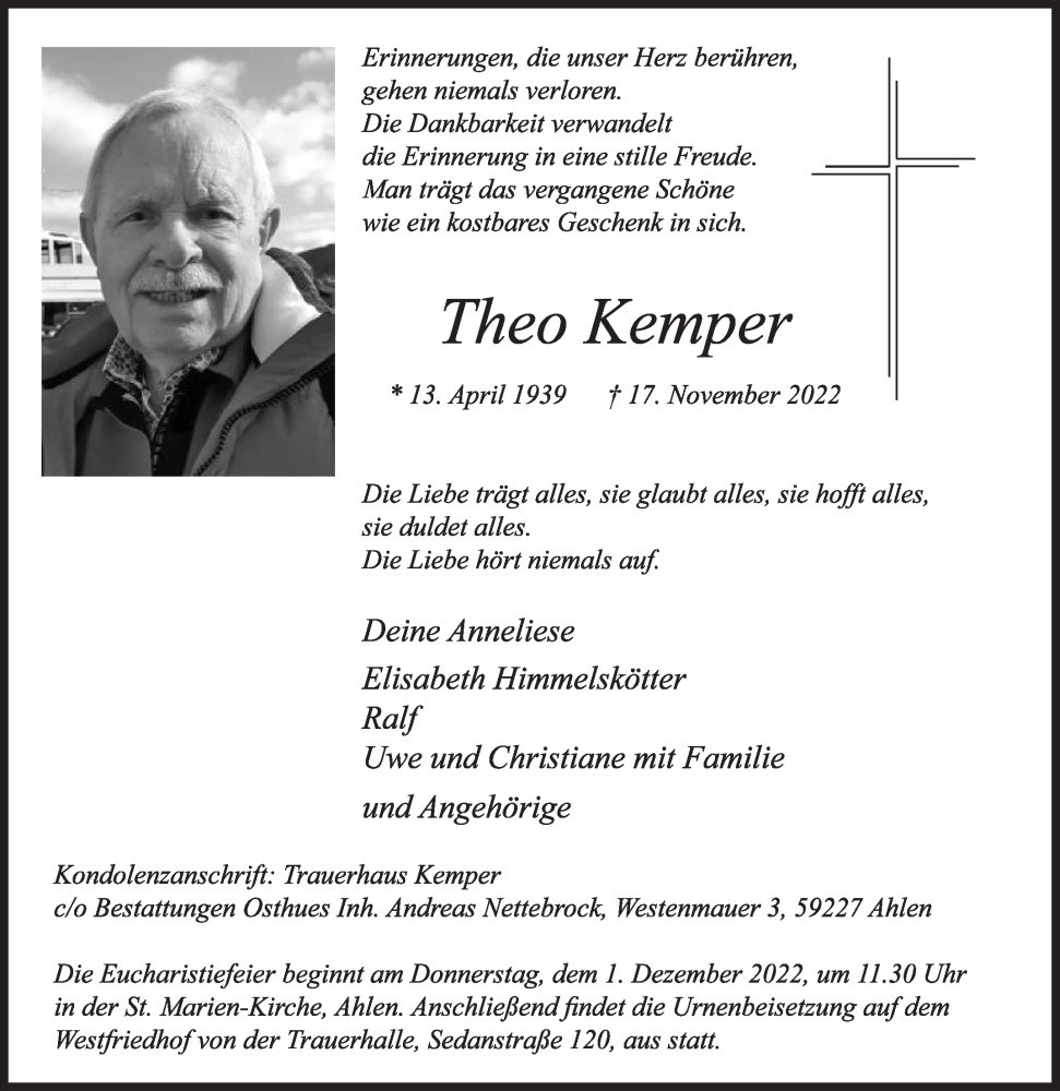  Traueranzeige für Theo Kemper vom 26.11.2022 aus Die Glocke