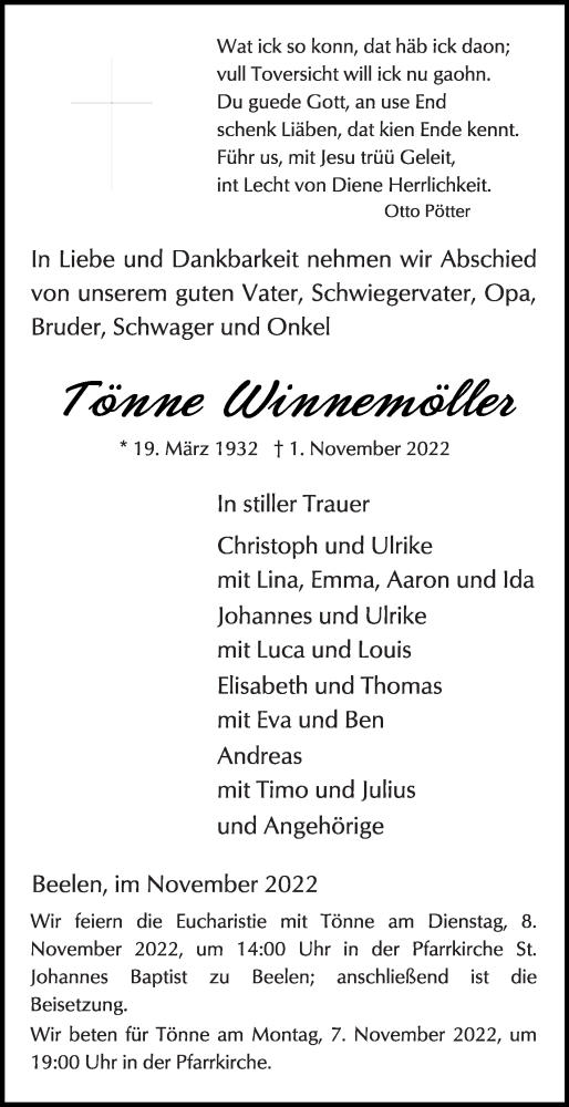 Traueranzeige von Tönne Winnemöller von Die Glocke