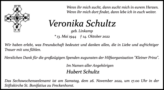 Traueranzeige von Veronika Schultz von Die Glocke