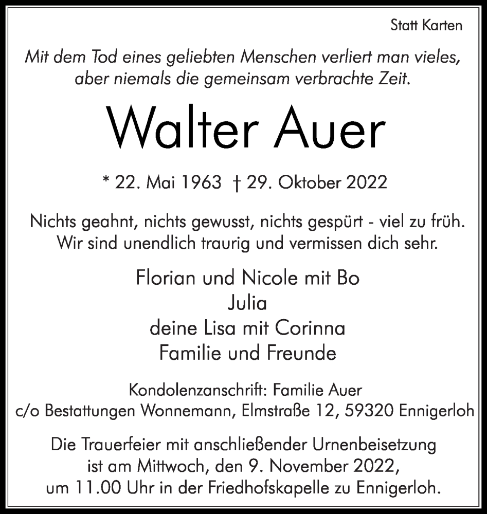  Traueranzeige für Walter Auer vom 05.11.2022 aus Die Glocke
