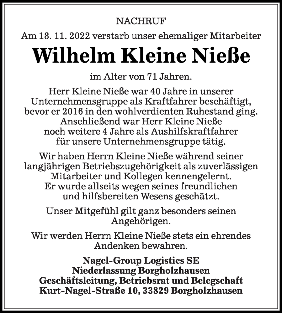  Traueranzeige für Wilhelm Kleine Nieße vom 26.11.2022 aus Die Glocke