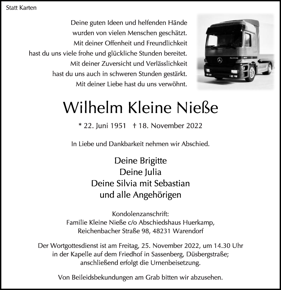  Traueranzeige für Wilhelm Kleine Nieße vom 23.11.2022 aus Die Glocke