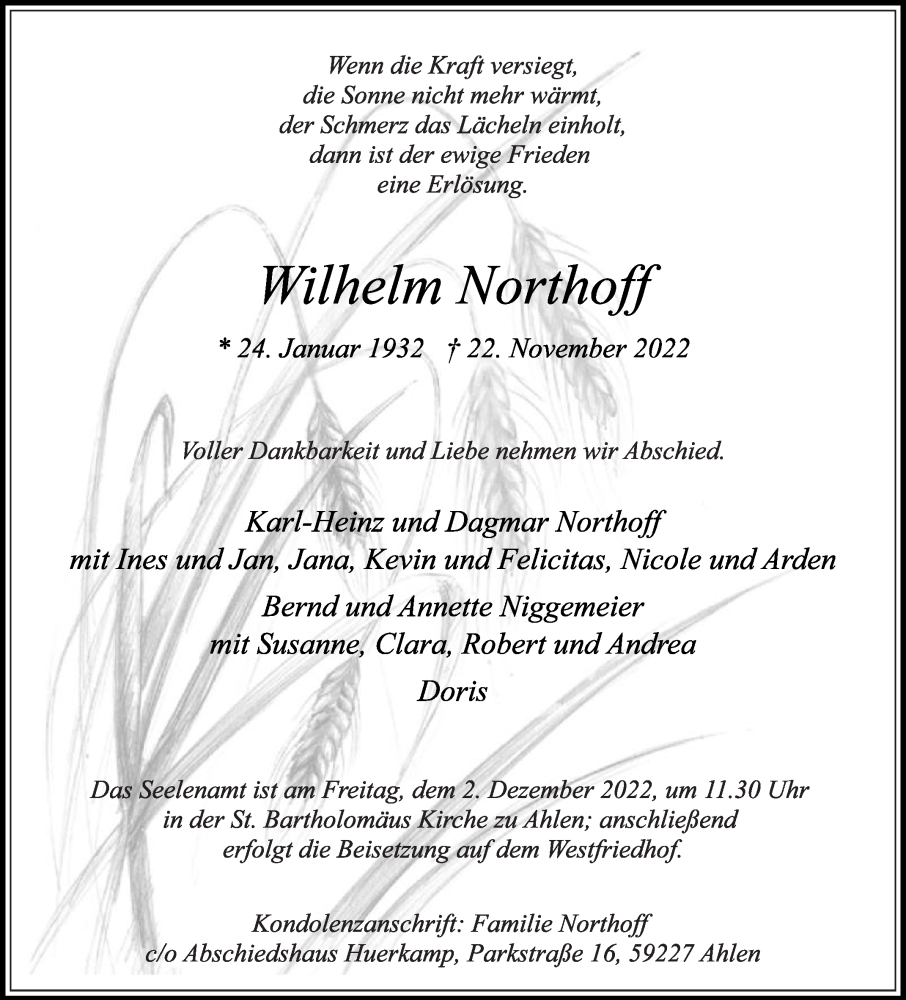  Traueranzeige für Wilhelm Northoff vom 26.11.2022 aus Die Glocke