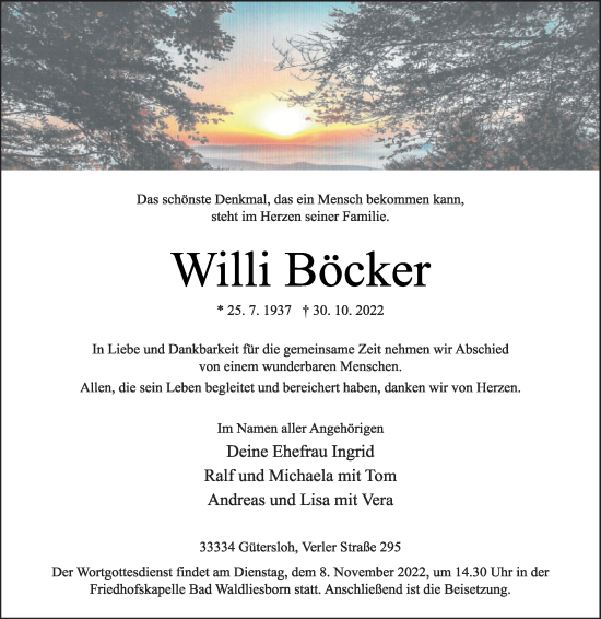 Traueranzeige von Willi Böcker von Die Glocke