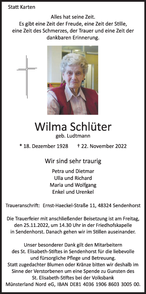  Traueranzeige für Wilma Schlüter vom 24.11.2022 aus Die Glocke