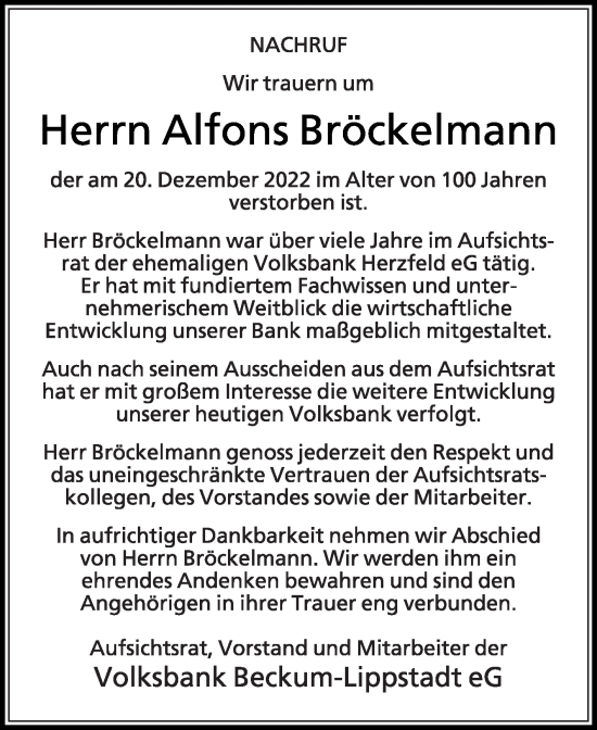 Traueranzeige von Alfons Bröckelmann von Die Glocke