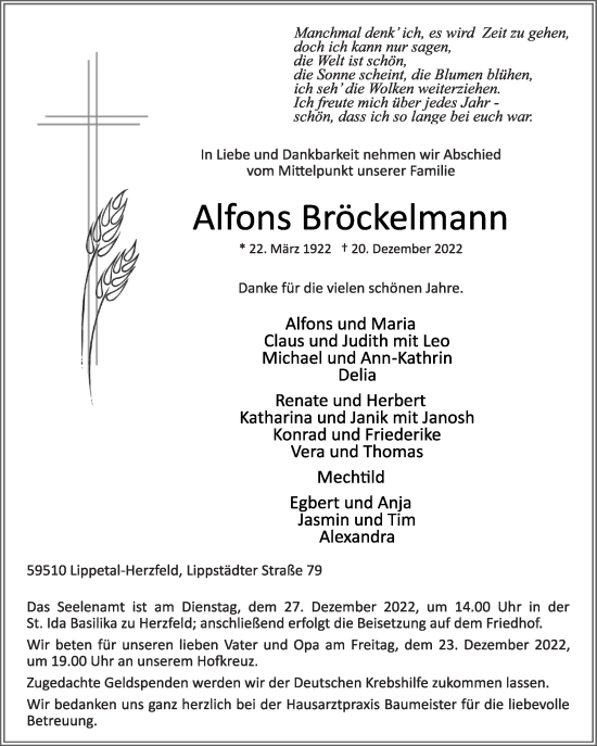 Traueranzeige von Alfons Bröckelmann von Die Glocke