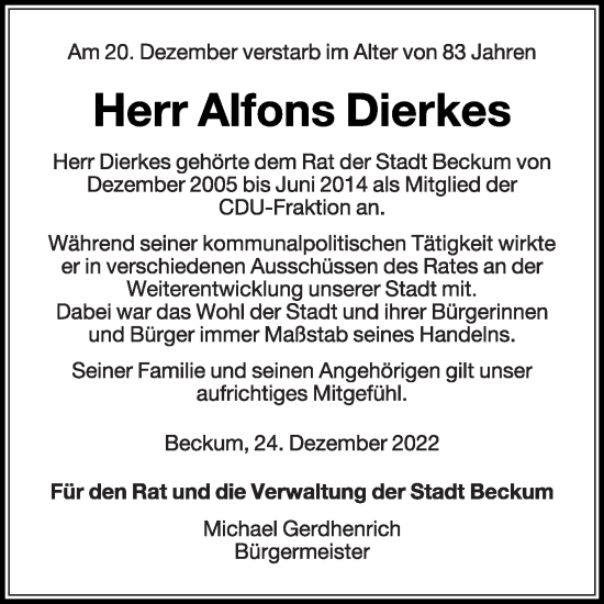 Traueranzeige von Alfons Dierkes von Die Glocke