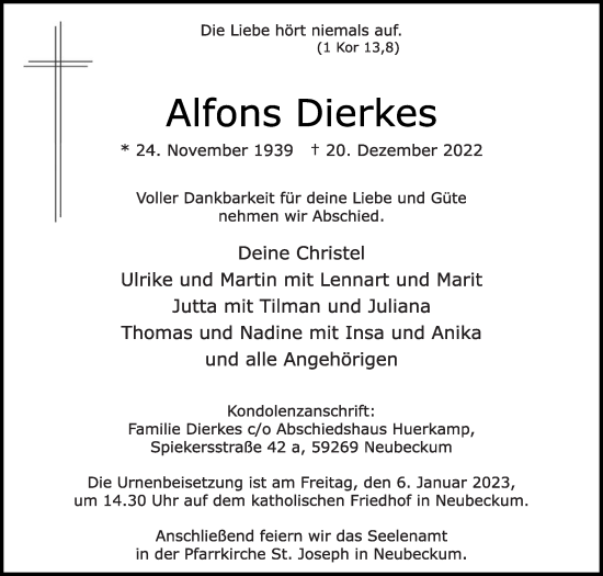 Traueranzeige von Alfons Dierkes von Die Glocke