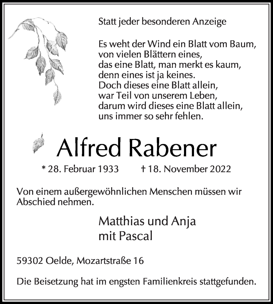  Traueranzeige für Alfred Rabener vom 03.12.2022 aus Die Glocke